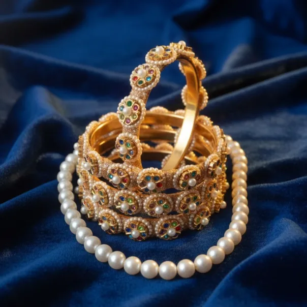 Elegant Pearl-Studded Gold Bangles (B26) (2X4)