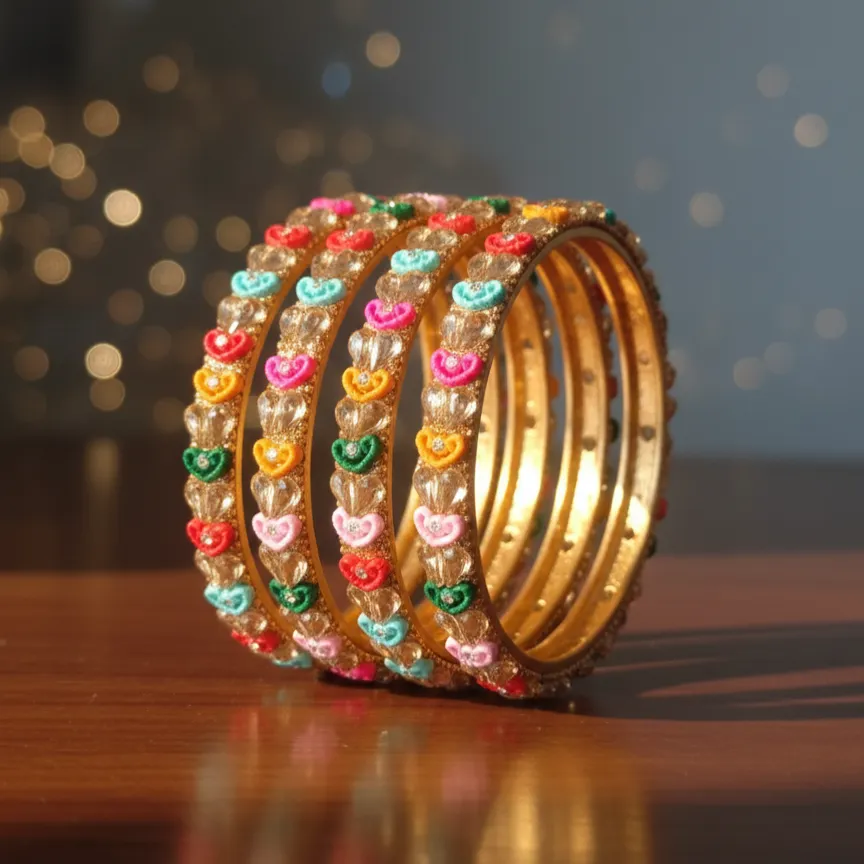 Vibrant Heart-Encrusted Gold Bangles ( B11) (2X4)